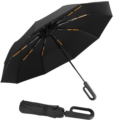 Cooloutdoors Regenschirm Sturmfest für Regen, 10 Rippen, Freien UV Schutz Faltender Sonnenschirm, Automatik regenschirm, Karabinergriff für Herren und Damen-schwarz