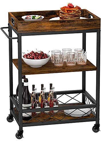 FairyLee Servierwagen mit Rollen,3 Ebenen Küchenwagen,mit Weinregal Industrial grau Style Trolley,für Küche Esszimmer Bar.33.5 * 24 * 18