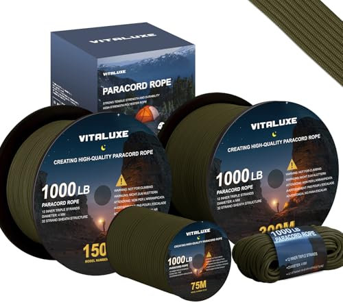 VITALUXE Paracord - Cuerda de paracaídas (1000 LB, 4 mm, 12 Hilos, 30/75/150/300 m, para Camping, Senderismo, Ideal para Bricolaje, Tipo III, 75 m, Verde Militar)