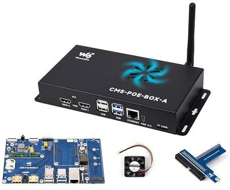 Compute Module 5 IO Board + Case with PoE Feature, Compatible with Raspberry Pi Compute Module 5 Lite/eMMC, CM5 Kit Comes with Compute Module 5 PoE Base Board+ Metal Case + CM5 Fan + Power Supply