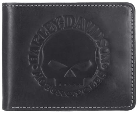 Harley-Davidson Portafoglio da uomo Willie G con logo del teschio, a busta, in pelle, nero