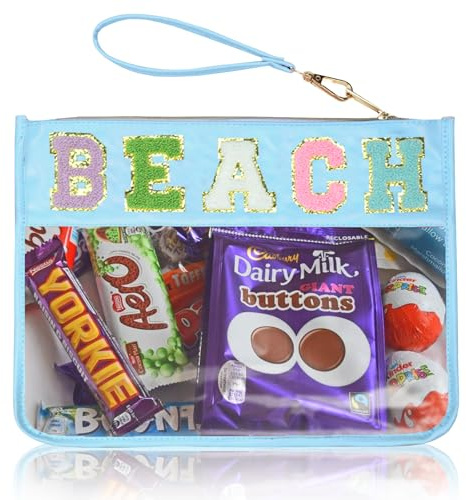 Chenille Letter Clear Zipper Pouch for Travel Preppy Patch Makeup Bag-Nylon Cosmetic Preppy Makeup Waterproof Organizer Bag Set for Women Valentines Bag, BL-BEACH, Fashion