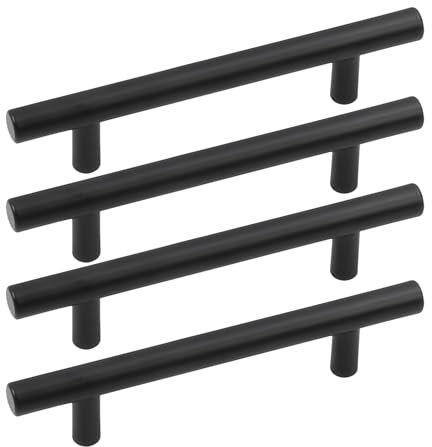 4 Pcs Black Kitchen Cupboard Handles – 160mm Hole Centre T Bar Kitchen Door Handles – Brushed Stainless Steel Cabinet Handle for Cupboards Drawers Wardrobes