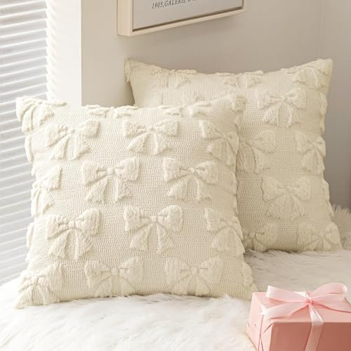 FUFRE 2 Stück Schleife Kissenbezug 45x45 cm, Kissenbezüge Schleifen 45x45 Deko Wohnzimmer Modern Kissenhülle Zimmer Deko Aesthetic Zierkissenbezüge Muttertag Dekokissen Geschenk für Mama (Weiß)