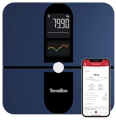 TERRAILLON - COLOR CONNECT - Balance connectée Bluetooth, Fréquence cardiaque, Masses:graisseuse-musculaire-hydrique-osseuse, IMC, Capacité 180 kg, Graduation 50g, Ecran Multi affichage Couleur, Bleu