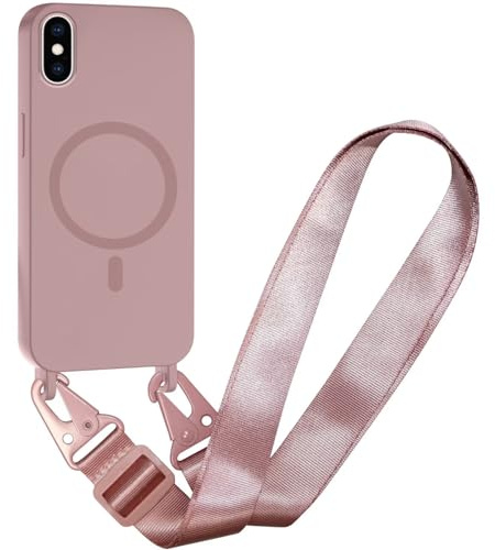 FMPCUON Crossbody Lanyard Case for iPhone XS Max Compatible with MagSafe,Adjustable Neck Cord Lanyard Strap Stylish Shockproof Silicone,Deep pink
