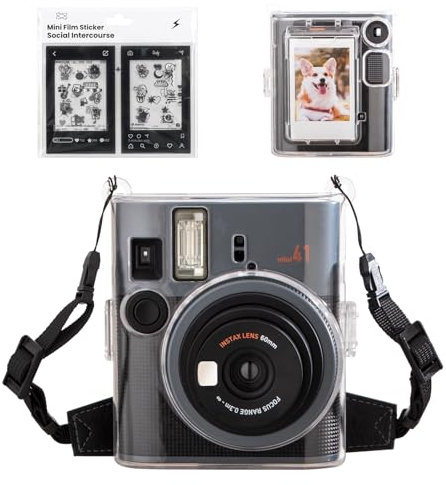 MUZIRI KINOKOO Klare Tasche für Instax Mini 41 Sofortbildkamera Mini 41 Hart-PVC Schutzhülle mit Fototasche - Mit Verstellbarem Leder Schultergurt & Schwarz Kamera Aufkleber - Transparent