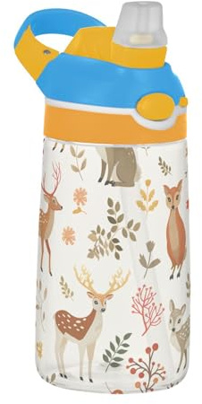 Cute Jungle Animals Deer Kangarootaupe Design Kids Water Bottle 480ml with Leak Proof Spout Lid Portable Toddler Cup for School/Sports/Daycare/Camp