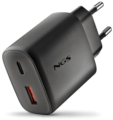 NGS ERA 45W - Cargador GAN de 45W con 2 Puertos: USB-C + USB-A, Negro | Cargador GaN de pared con 2 puertos, PD, PPS y Quick Charge 3.0. Para smartphones, tablets y portátiles