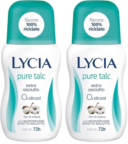 Lycia, Pure Talc Deodorante Roll On con Antibatterico e Fragranza al Profumo di Talco e Fiori di Cotone, Efficacia fino a 48H, Senza Alcool, 50 ml (Confezione da 2)
