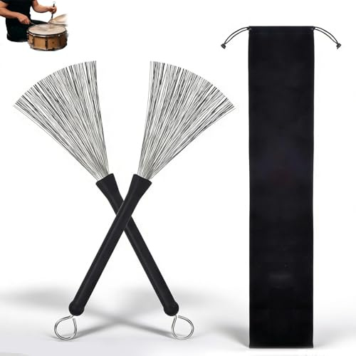 Escobillas para Batería Retráctiles, Pack de 2 Unidades, 320mm Acero y Goma, Jazz Brush con Punta Anti-Óxido, Palos de Tambor para Sonido Bajo Volumen