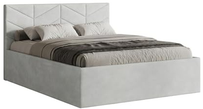 Meblofun Polsterbett Losange mit Kopfteil, 180x200 cm, Doppelbett mit Bettkasten und Lattenrost aus Holz, Velourstoff, Farbe: Hellgrau