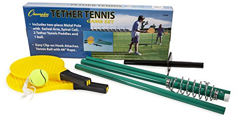Champion Sports TTGAME Tetherball Tennis: Swingball Outdoor Lawn Game for Kids, Adults, and Families - Backyard Tether Kit with Tennis Ball and Paddle Set