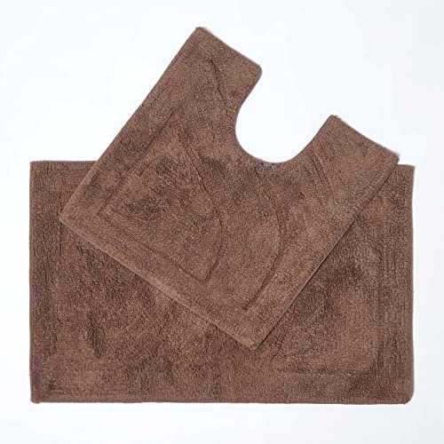 Homescapes 2-TLG. Badematten-Set braun, Badematte 50x80 cm & WC-Vorleger mit Ausschnitt 50x55 cm, Baumwoll-Badteppiche mit Wende-Design