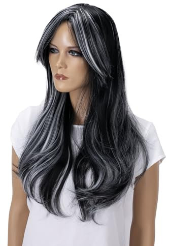 CAISHA 70cm Perücke Kiara Fasching Karneval Cosplay Party Perücke Kiara Langhaar Schwarz Weiß PHK10a