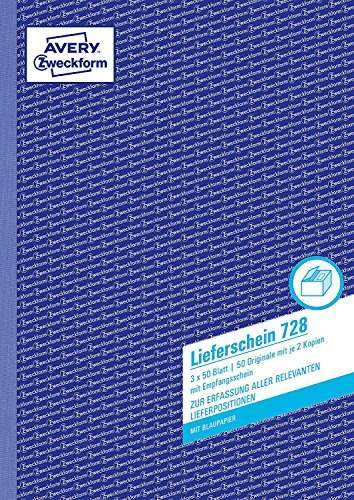 Avery Zweckform 728 Lieferscheine mit Empfangsschein, DIN A4, mit Empfangsschein, 3 x 50 Blatt, weiß, gelb, rosa | 5er Pack