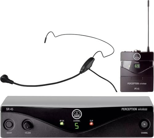 AKG PW45 Sport Set ISM (Leistungsstarkes Funksystem für Instrumente, Frequenzbereich: 863-865 MHz mit 2 Antennen am Empfänger, Sport Bundle inkl. HS-65 EA Headset Mikrofon) Schwarz