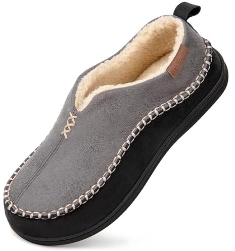 EverFoams Men's Micro Suede Memory Foam Moccasin Slippers with Fuzzy Sherpa Lining and Anti-skid Sole Grey Size 12 UK