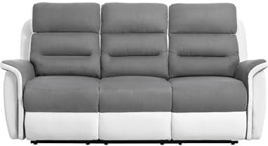 LOUNGITUDE - Canapé 3 Places de Relaxation Manuel en Microfibre et Simili - Blanc/Gris