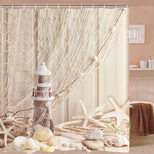 Alishomtll Beach Shower Curtain Starfish Sand Bath Curtain Digital Print with 12 Hooks Polyester Fabric Bathroom Decor, Waterproof 69 x 70 inches (175x178cm), beige