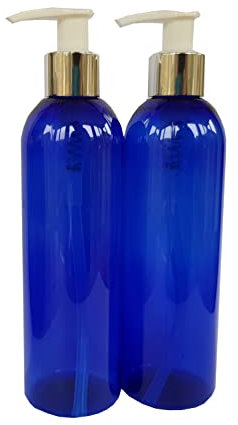 Detail Solutions 2 x 250ml Empty Blue Plastic Bottles with Silver pump lotion dispenser top