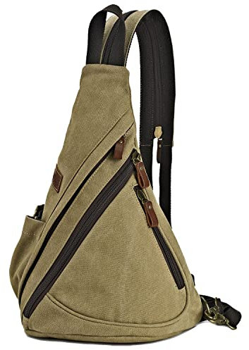 Poeyleja Canvas Sling Bag Crossbody Brusttasche Rucksack Schultertasche Umhängetasche für Radfahren Camping Wandern Reisen Schule für Herren Damen (Khaki)