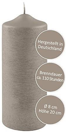 FINK Stumpenkerze grau für Hochzeitsdekoration Tischgesteck - raucharm duftneutral - H 20 D 8 cm - RAL Qualität