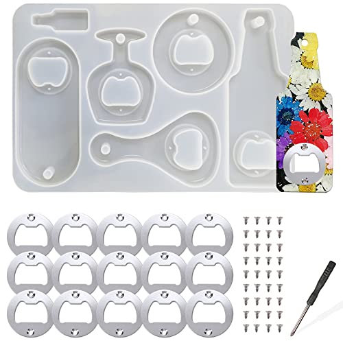 Flaschenöffner-Harz-Formen-Set, Bieröffner-Silikon-Epoxid-Schlüsselanhänger-Formen + 15 Stück Öffner-Einsätze, Hardware, DIY-Bastelarbeiten, Korkenzieher-Flaschenöffner-Gussformen