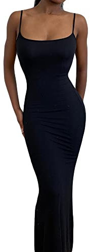Damen-Maxikleid mit Spaghettiträgern, ärmellos, lang, einfarbig, figurbetont, unten weit ausgestellt, Abend- und Partykleid, Schwarz , Small