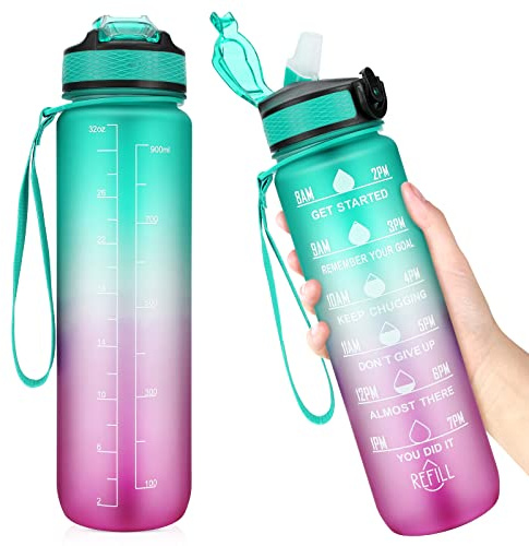 Yirochan Bouteille d'Eau de Sport avec Marquage de l'Heure - 1 Litre avec Paille - Gourde Étanche sans BPA pour Hommes, Femmes, Cyclisme, Randonnée, Course à Pied (Vert)