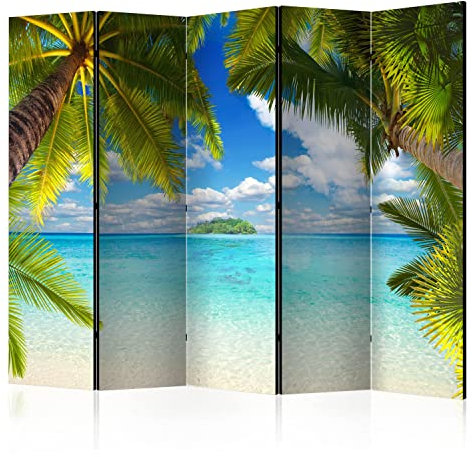 murando - Paravent Raumteiler Innen Landschaft 225x172 cm 5-teilig Einseitig Raumtrenner Trennwand Holz Mobiler Sichtschutz Spanische Wand Raum Abtrennung Ozean Palmen Insel Himmel Wolken c-A-0119-z-c