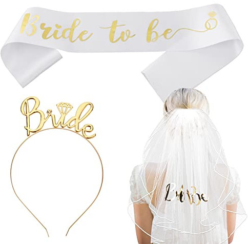 3 Stück Bride Schärpe Schleier Haarband Gold JGA Schärpe Weiß Brautschleier Damen Junggesellinnenabschied Zubehör Hochzeit Fotografie Spielzubehör