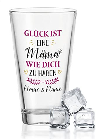 GRAVURZEILE Leonardo Wasserglas mit UV-Druck - im Glück ist eine Mama Design - mit Wunschnamen - Geschenk zum Muttertag für die beste Mama der Welt