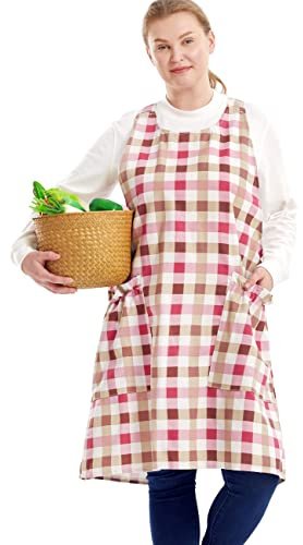 Big Plus Size Aprons for Women with Pockets Cotton Linen Baking Kitchen Cooking, Red Plaid, Large