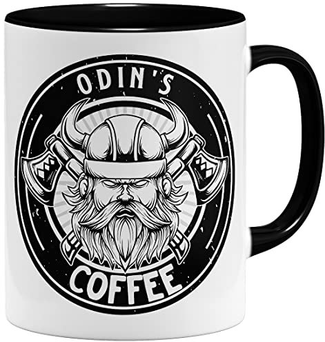 OM3® Odin's Coffee Tasse Wikinger Walhalla Krieger | Keramik Becher | 11oz 325ml | Beidseitig Bedruckt | Schwarz