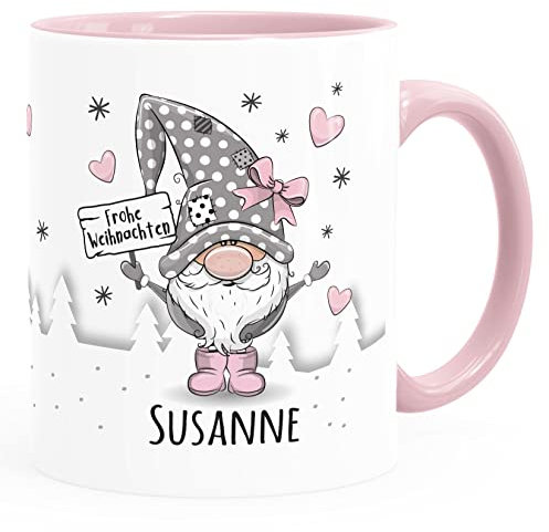 SpecialMe® Kaffee-Tasse Frohe Weihnachten Wichtel Weihnachtsmotiv mit Namen persönliche Geschenke weiss-innen-rosa standard