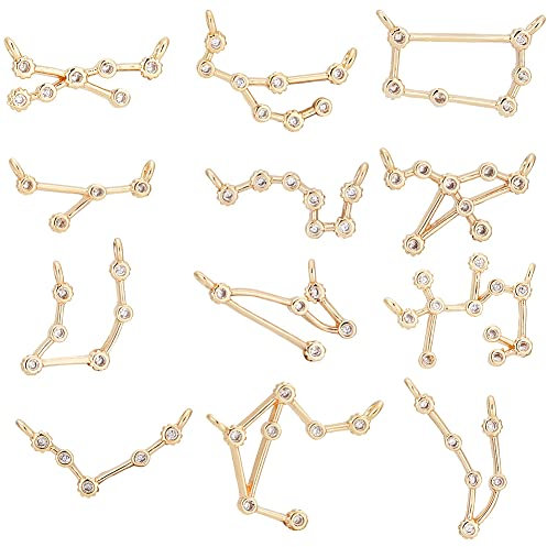 PandaHall 12 Stück Goldene 12 Konstellationen Links 18K Vergoldetes Messing-Sternzeichen-Verbindungs-Charms-Anhänger-Verbindungsstück Horoskop-Zeichen-Verbindung Für DIY-Halskette Armband Schmuck