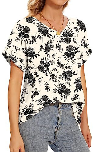 Bestbee Womens Dressy Chiffon Blouses 2024 Summer Short Sleeve Shirts Casual T-Shirts V Neck Flowy Tunic Tops Lightweight, Black Flower Beige, XL