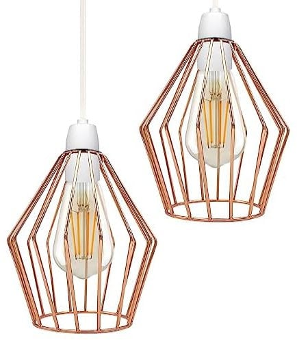 DC VOLTAGE | Industrial 2 Pack of Lamp Shade Wire Frame Cage | Metal 19 cm Width Rose Gold Geometric Ceiling Easy Fit Lamp Shades for Pendant Lights, Home Decor