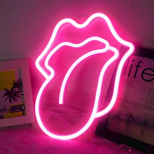 Tongue Lips Neon Signs for Wall Decor, Battery/USB Powered, Sexy Pink LED Lips Neon Light Sign for Bedroom, Bar, Studio, Salon, Wedding, Party Decor, Birthday, Christmas, Valentine's Day Gifts