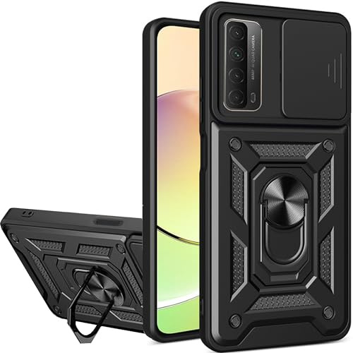 Cover Huawei P Smart 2021, Custodia con Scorrevole Fotocamera Proteggi Hard PC Back e TPU Bumper Antiurto Case con 360°Rotante Anello Supporto Cover per Huawei P Smart 2021 / Y7A 2020, Nero