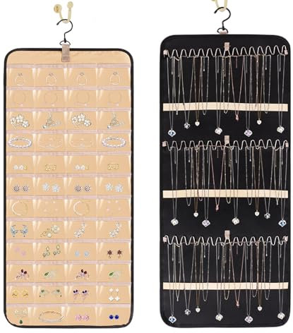 Minicoco 1Pcs Dual-sided Jewelry Organizer Hanging with Metal Hooks,Hanging Jewelry Organizer 48 Pockets and 3 Wave-Shaped Hooks,Jewelry Roll for Earrings,Necklaces (Dual-sided 2colour-48 Pockets)