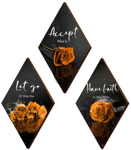 3 Stück orange Rose Badezimmer Wanddekoration Orange Dekor Blume Holz Inspirierende Wandkunst Orange Schlafzimmer Wanddekoration mit Akzeptieren Let Go Have Faith Schild für Badezimmer Wohnzimmer