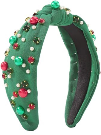 awakentti Bandeau de Noël pour femme, tendance vert saupoudré de strass, bandeau noué à large nœud supérieur, bandeau de vacances pour cheveux de Noël (A)
