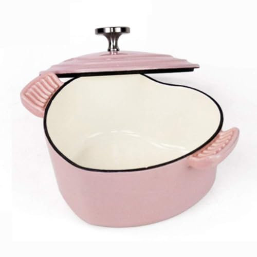 Cast iron pan cooking pot Enamelled Cast Iron Pot with Lid - 1.9L Heart-Shaped Casserole Dish, Non-Stick Pink Pan - Small Cooking Pot Ideal for Multi-Functional Cooking
