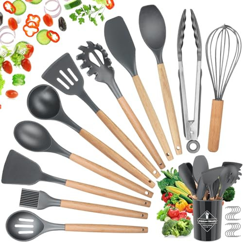 Kitchen Utensil Set, hicoosee 22 Pieces Silicone Cooking Utensils Set, Natural Wooden Handles Cooking Tool BPA Free Non Toxic Non Stick Heat Resistant Silicone Kitchen Gadgets Utensil Set, Grey 01