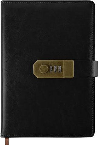 Qefuna Diario con serratura, A5 Diario in pelle PU con codice 200 pagine, carta 100Gsm, Diario di lettura vintage con serratura per donne e uomini, (nero)