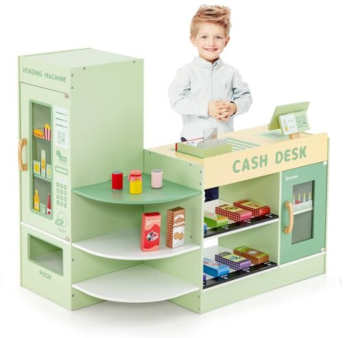 COSTWAY Kinder Kaufladen, Kaufmannsladen aus Holz mit Seitentheke, Supermarkt-Set mit Kasse, POS-Maschine, Verkaufsautomat & Kreidetafel, Einkaufsladen Verkaufsstand für Kinder von 3-8 Jahren (Grün)