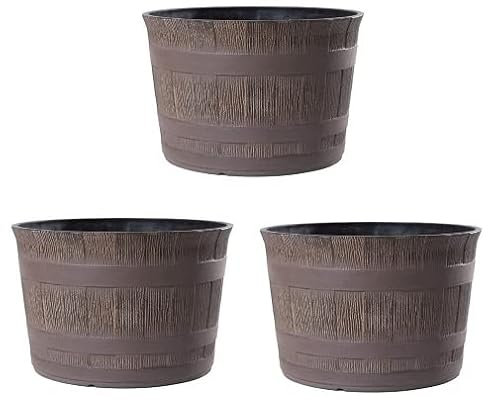 Jinfa 3er-Set Miniteich Pflanzkübel aus Kunststoff in Weinfassoptik bottich Blumenkübel | Farbe: Eiche | Design: Barrique | Ø 36 cm