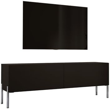 Meuble TV Bas Moderne - Noir Mat/Noir Brillant/Pieds Chromés - 140x52x32 cm